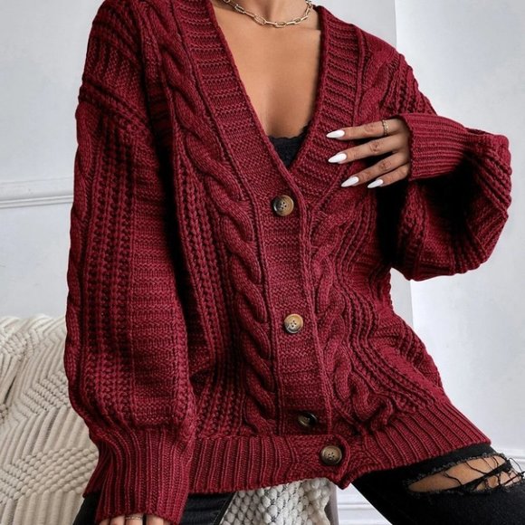 . Sweaters - Burgundy Womens button down Cable Knit Cardigan